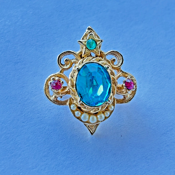 Coro signed vintage aqua blue rhinestone & faux pearl brooch pin goldtone 1" - Picture 4 of 13